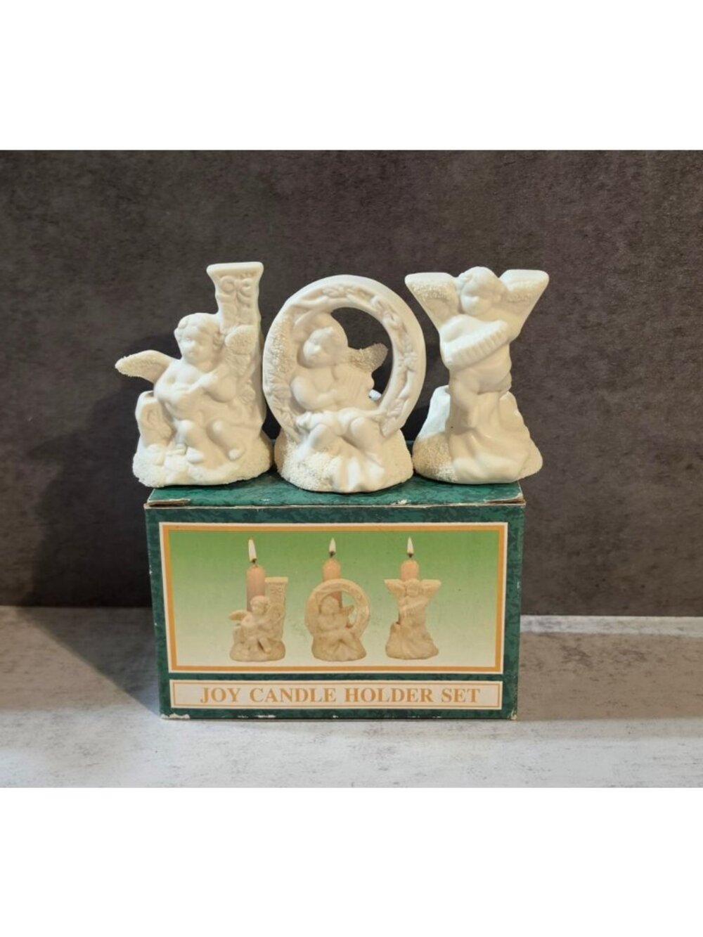 Vintage Jade Collection JOY Candle Holder Set World Bazaars White Bisque Angels